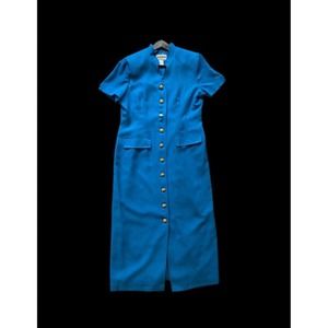 Vintage Plaza South Retro Blue Dress Size 14 Women’s Long Casual Gold Button